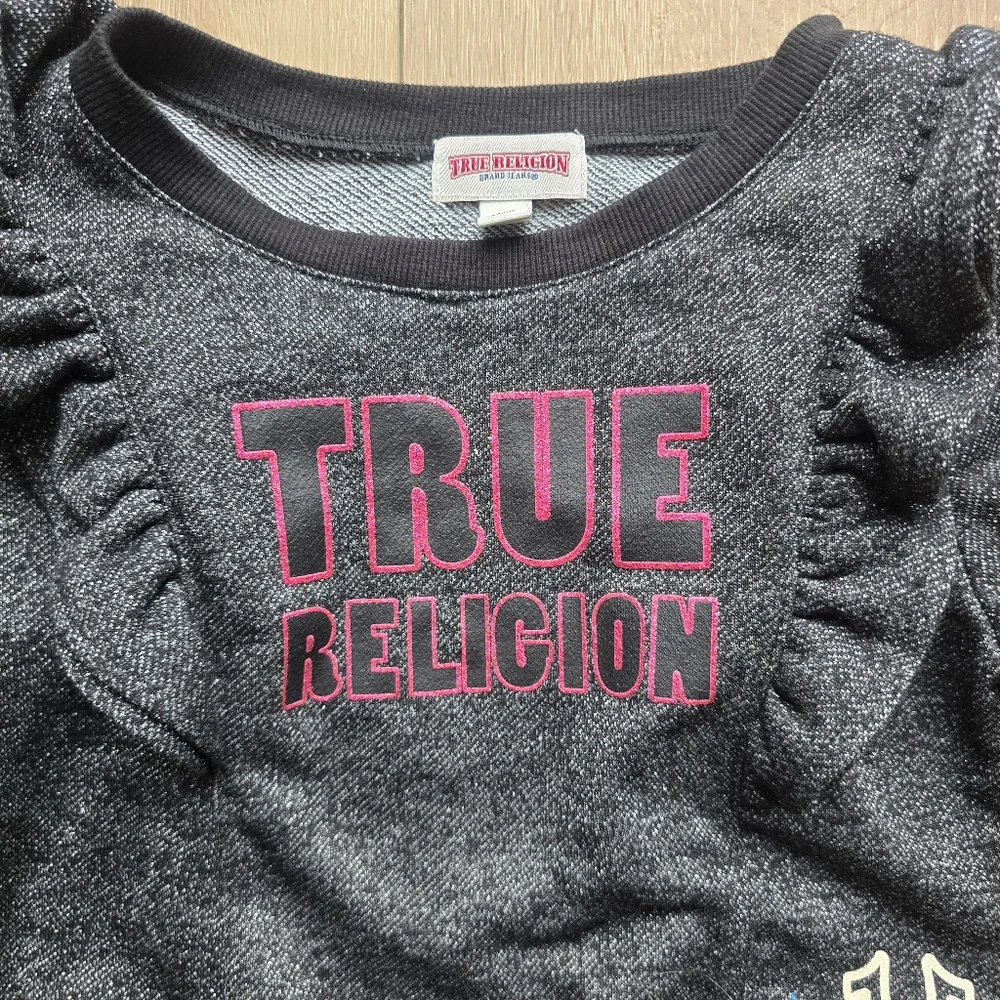 True Religion girls size 5, black Shimmery Glitter Set Joggers Ruffle Shoulder